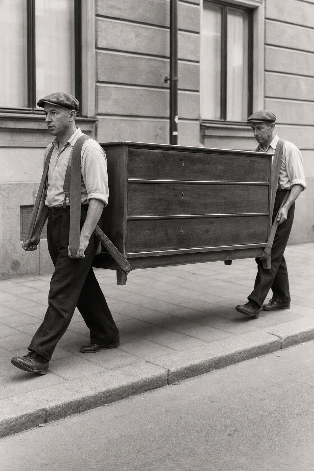 Två svenska flyttare på 1950-talet bär en byrå längs en gata i Göteborg — en framför och en bakom, med bärselar över axlarna